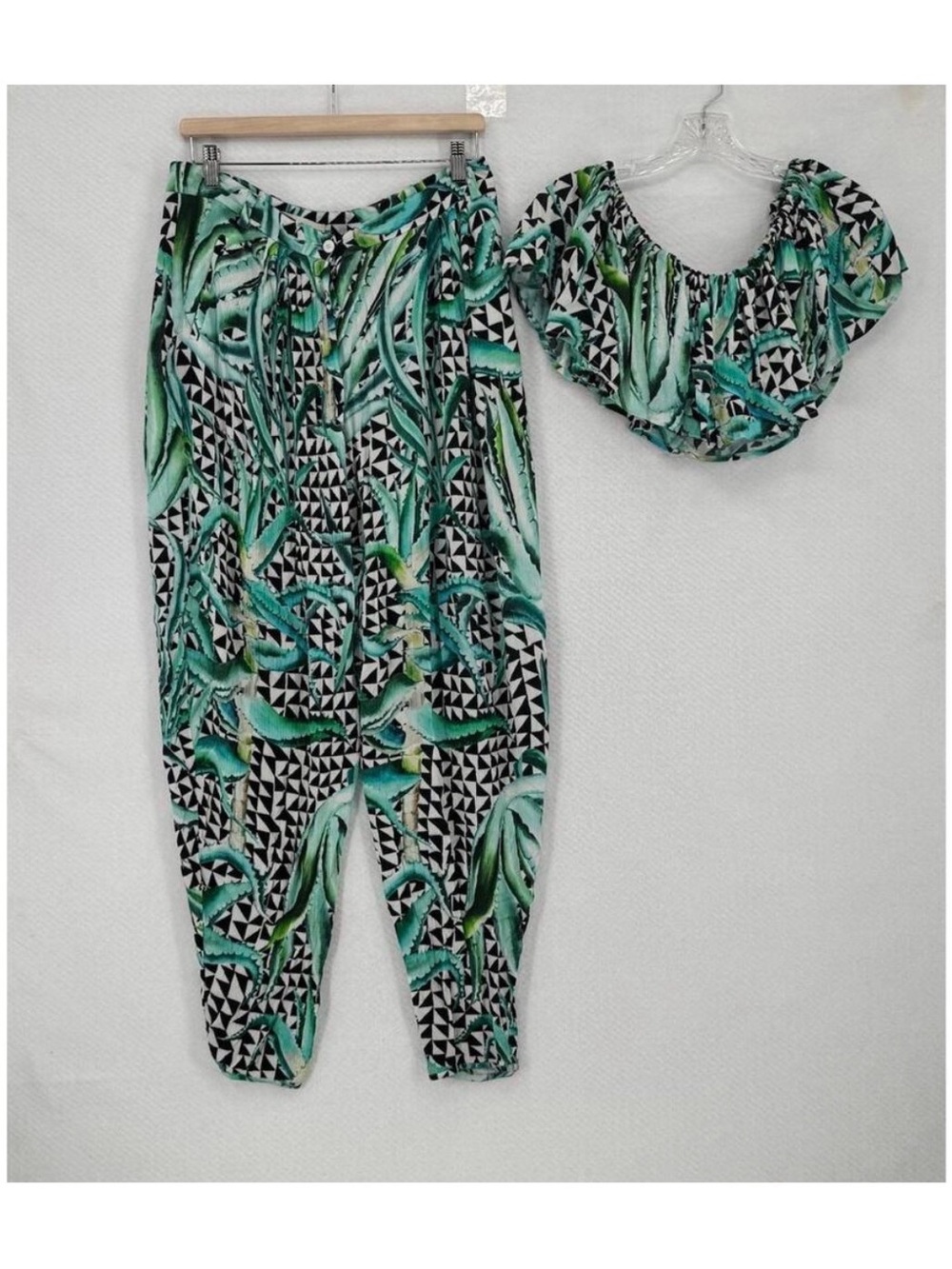Mara Hoffman Swim Aloe Print Geometric Green Black Crop Top Pants Set Sz 10